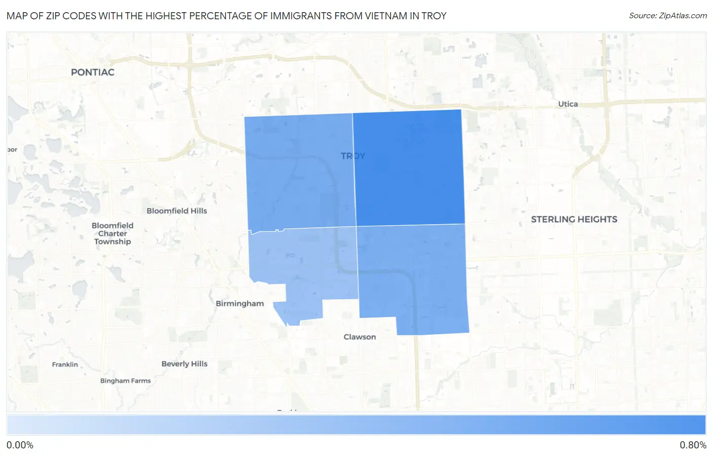 Zip Codes with the Highest Percentage of Immigrants from Vietnam in Troy Map