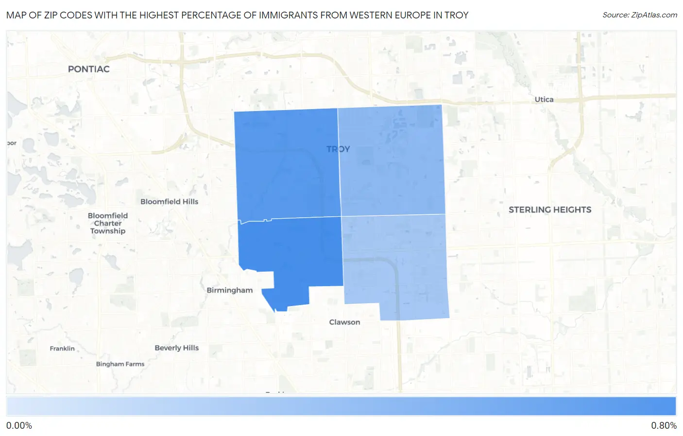 Zip Codes with the Highest Percentage of Immigrants from Western Europe in Troy Map