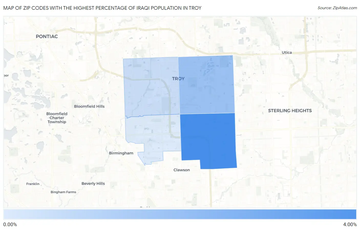 Zip Codes with the Highest Percentage of Iraqi Population in Troy Map
