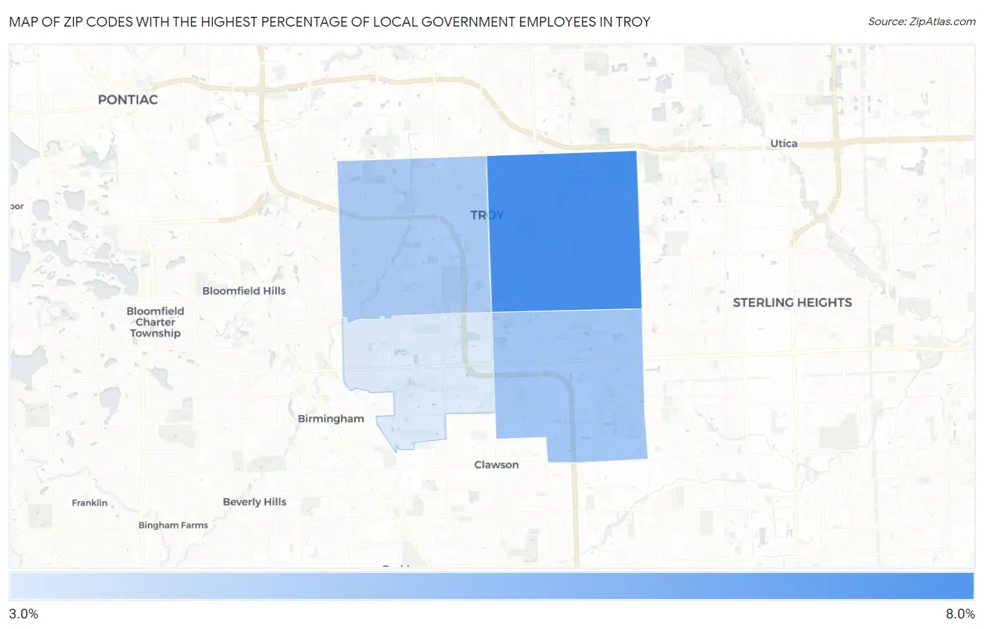Zip Codes with the Highest Percentage of Local Government Employees in Troy Map