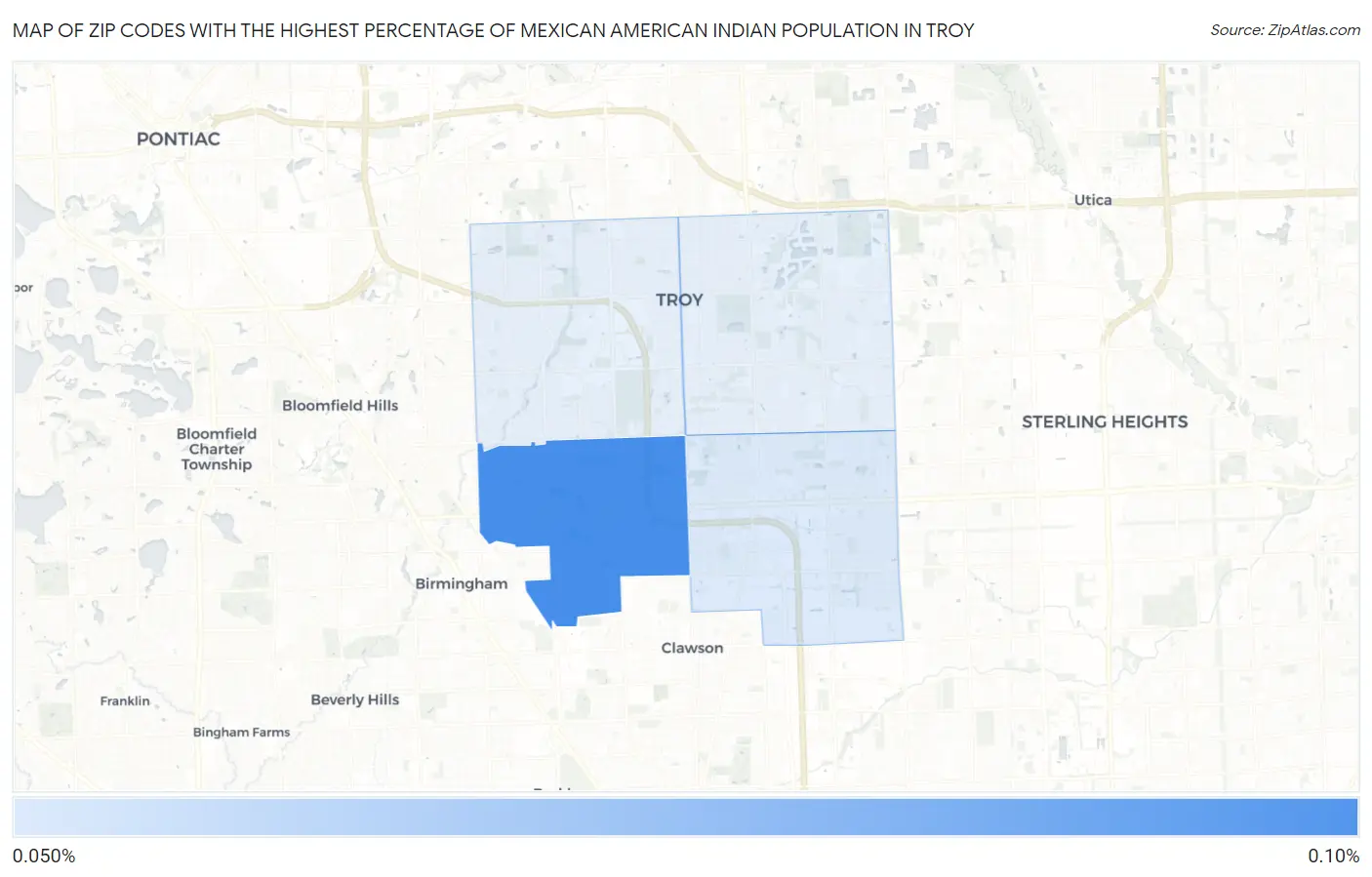 Zip Codes with the Highest Percentage of Mexican American Indian Population in Troy Map