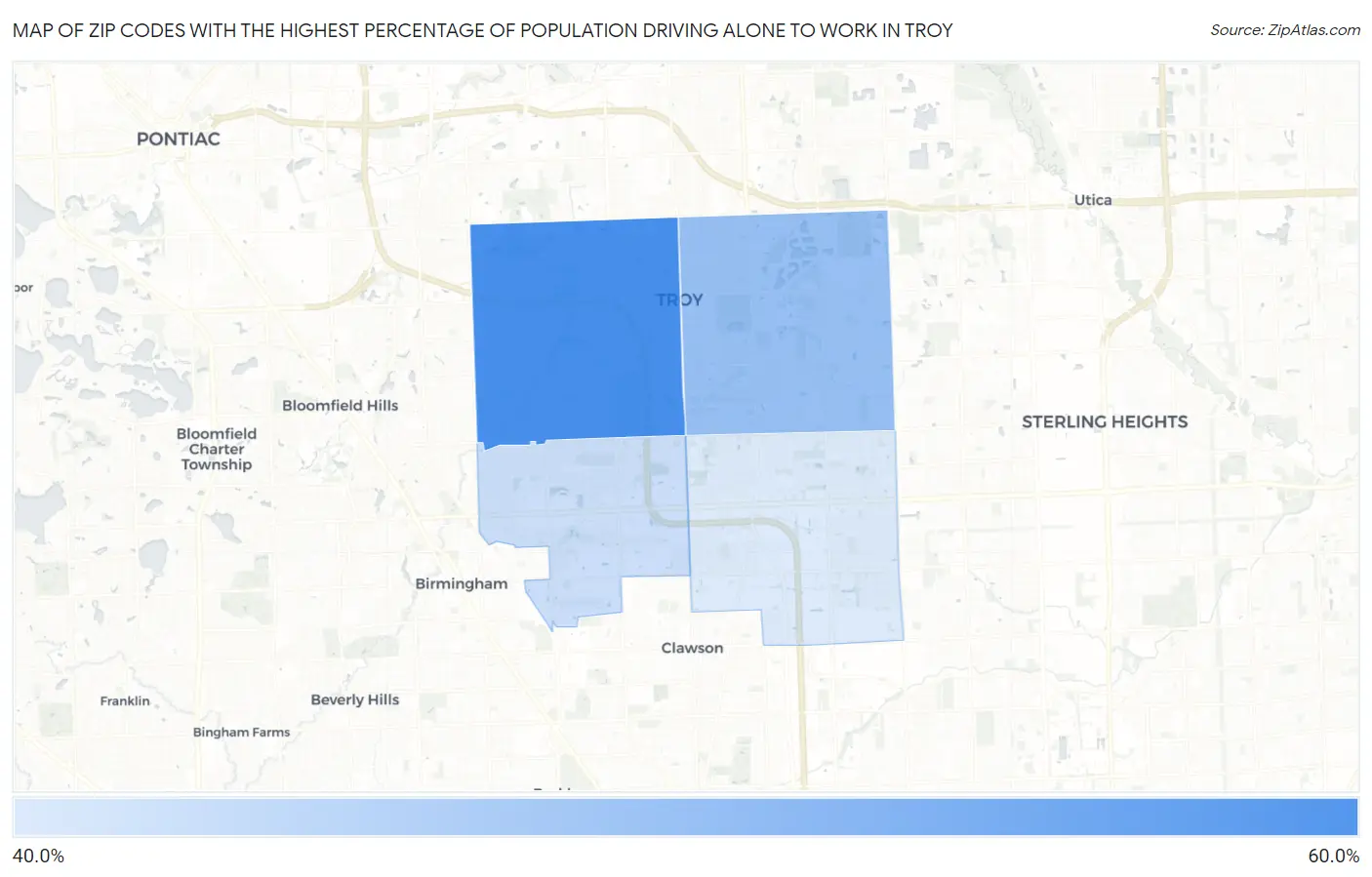 Zip Codes with the Highest Percentage of Population Driving Alone to Work in Troy Map