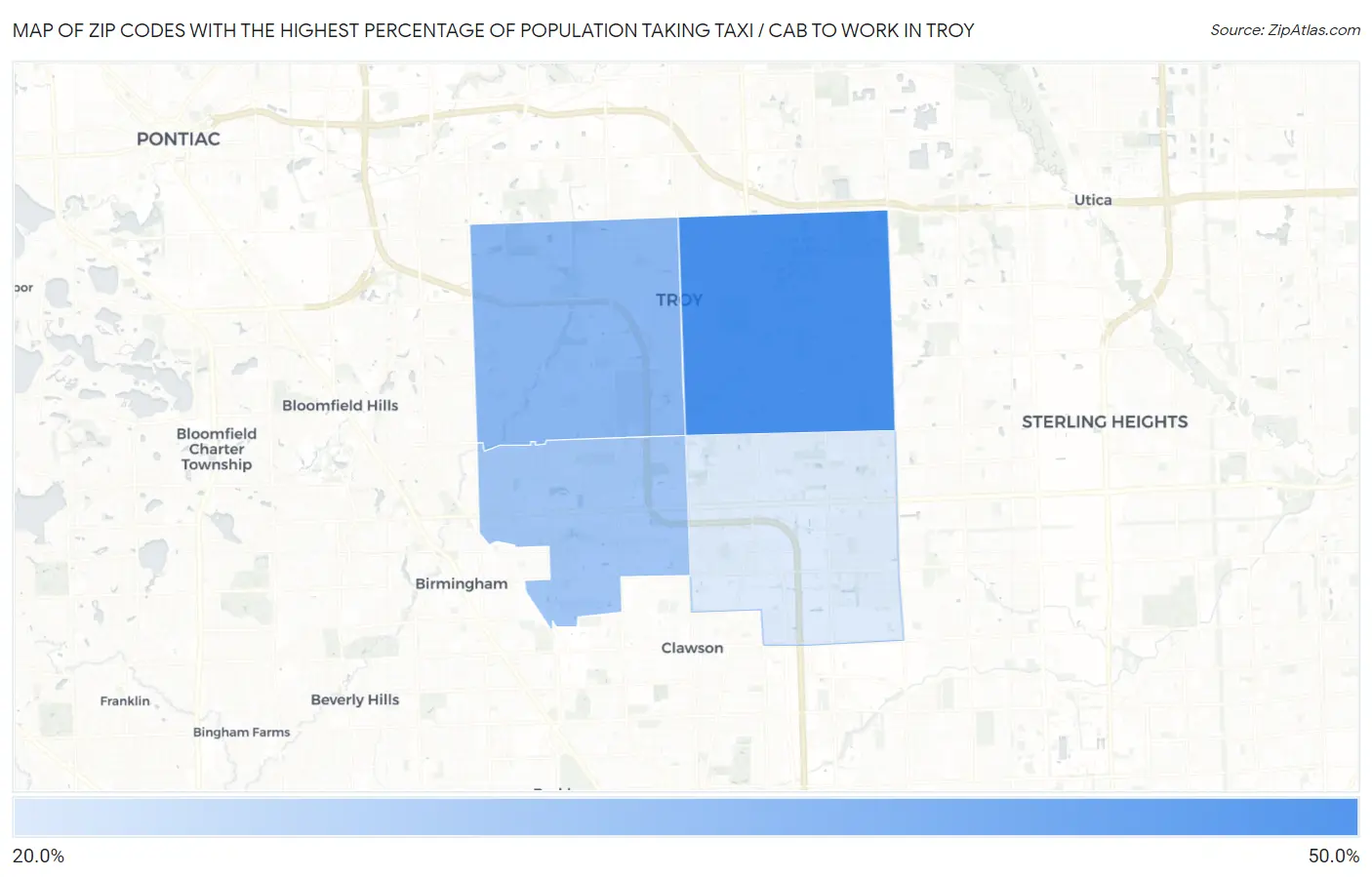 Zip Codes with the Highest Percentage of Population Taking Taxi / Cab to Work in Troy Map