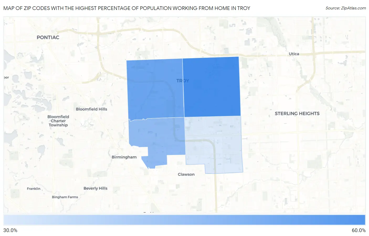 Zip Codes with the Highest Percentage of Population Working from Home in Troy Map