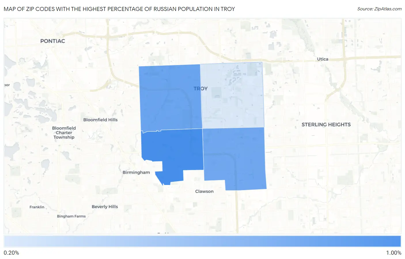 Zip Codes with the Highest Percentage of Russian Population in Troy Map