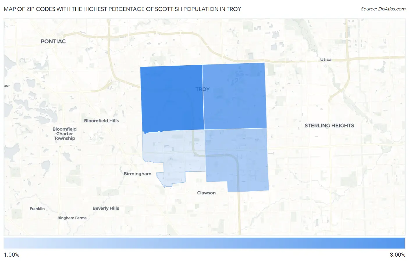 Zip Codes with the Highest Percentage of Scottish Population in Troy Map