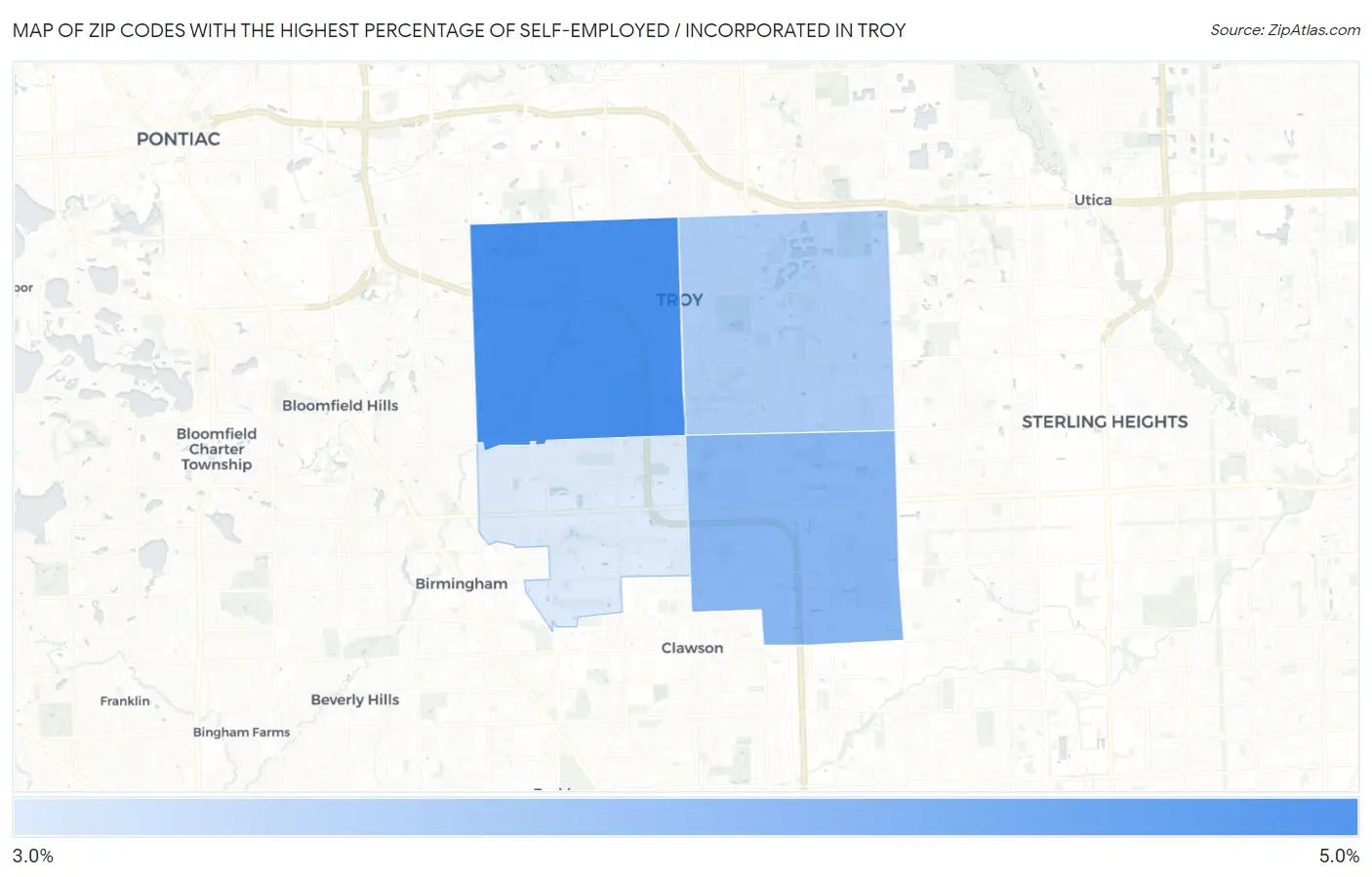 Zip Codes with the Highest Percentage of Self-Employed / Incorporated in Troy Map