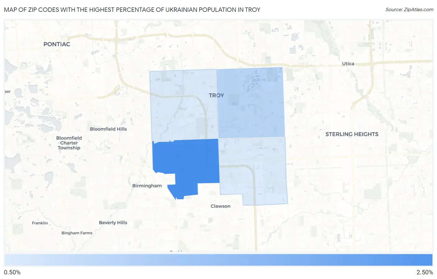 Zip Codes with the Highest Percentage of Ukrainian Population in Troy Map