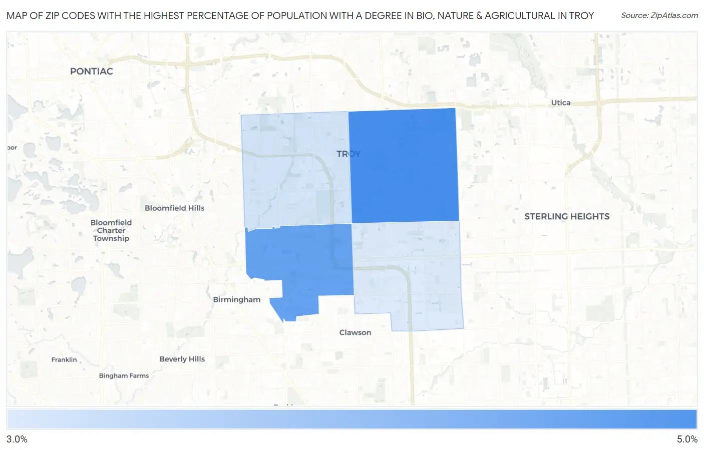 Zip Codes with the Highest Percentage of Population with a Degree in Bio, Nature & Agricultural in Troy Map