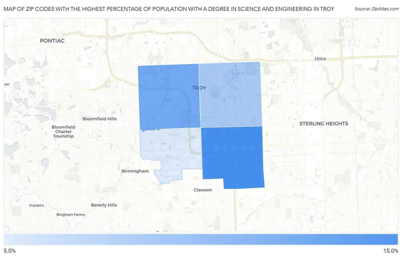 Zip Codes with the Highest Percentage of Population with a Degree in Science and Engineering in Troy Map