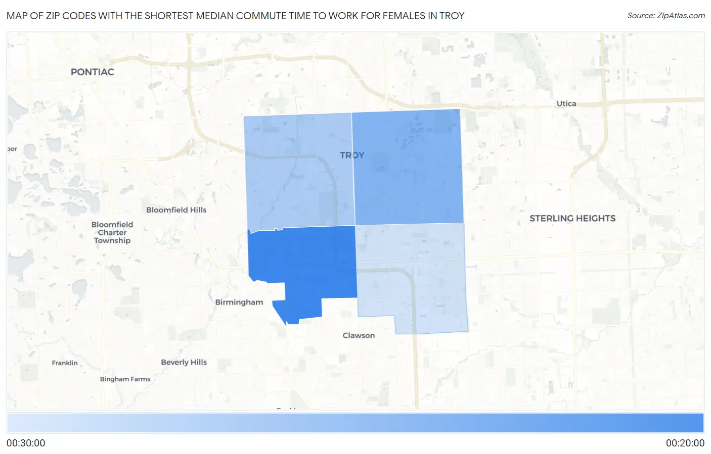 Zip Codes with the Shortest Median Commute Time to Work for Females in Troy Map