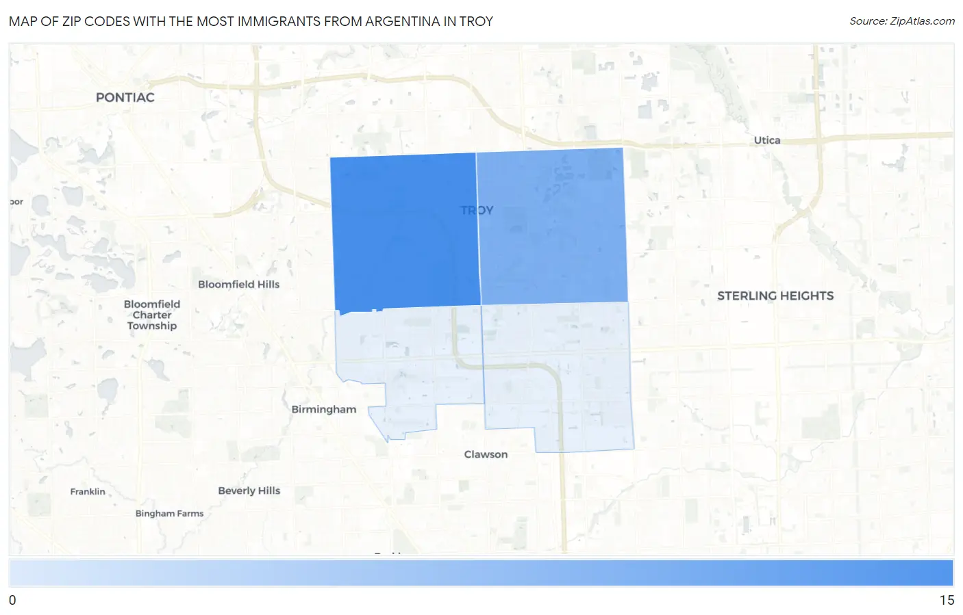 Zip Codes with the Most Immigrants from Argentina in Troy Map