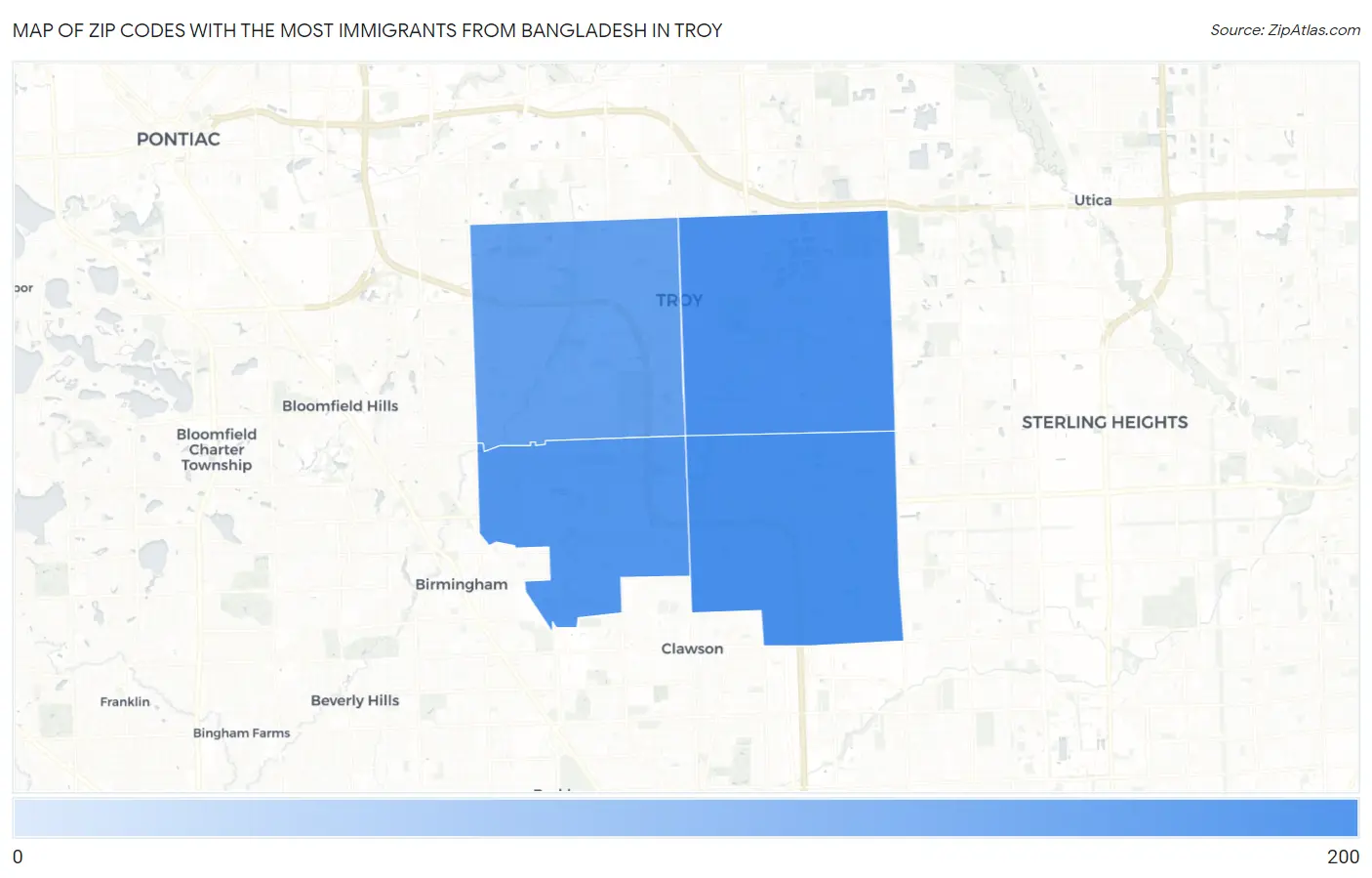 Zip Codes with the Most Immigrants from Bangladesh in Troy Map