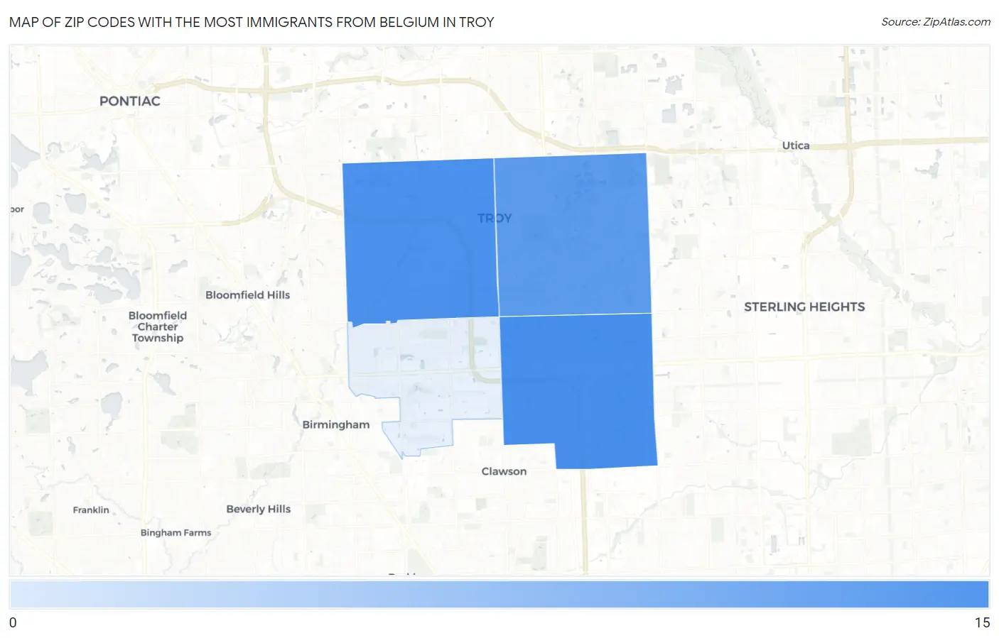 Zip Codes with the Most Immigrants from Belgium in Troy Map