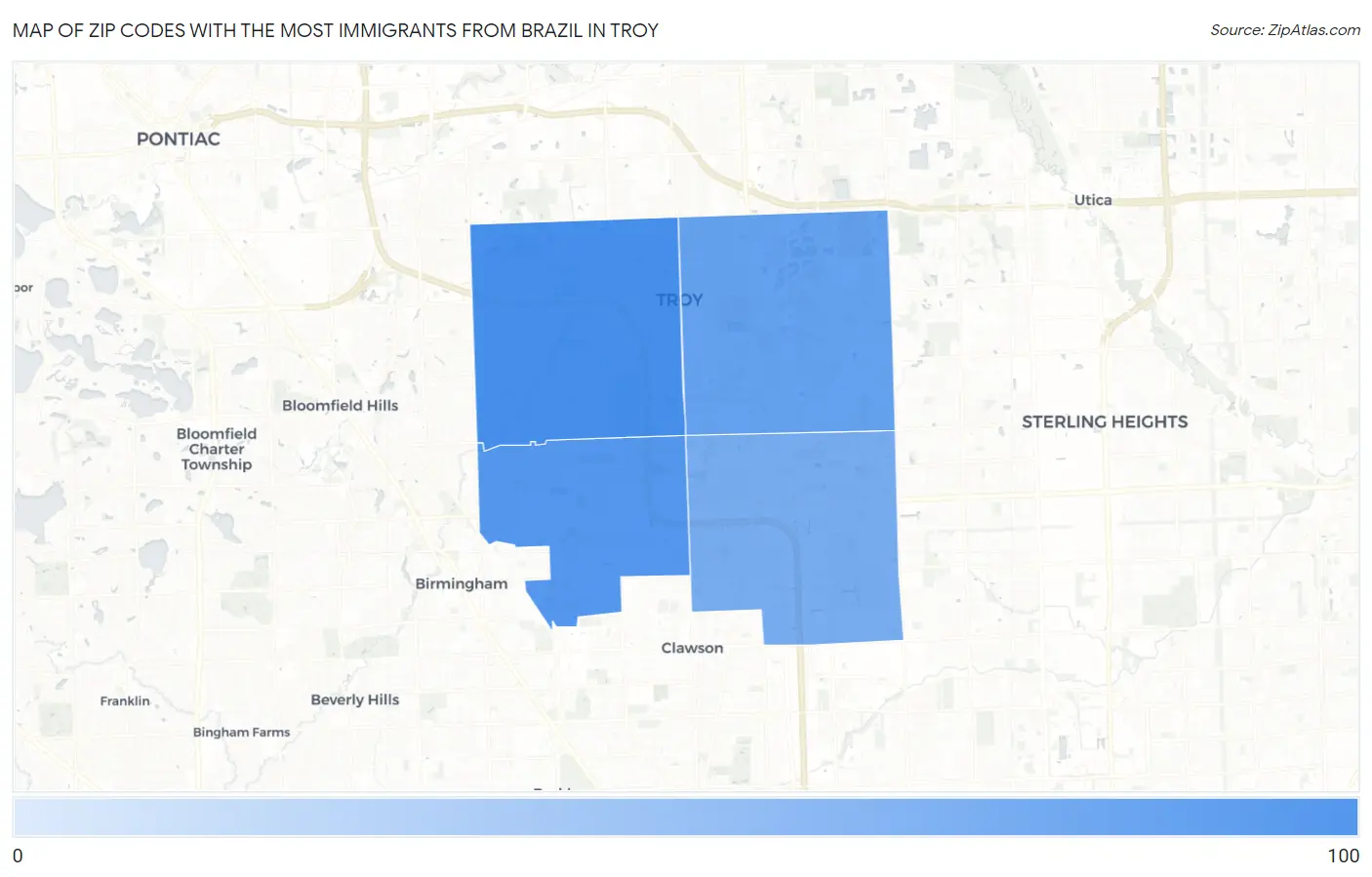 Zip Codes with the Most Immigrants from Brazil in Troy Map