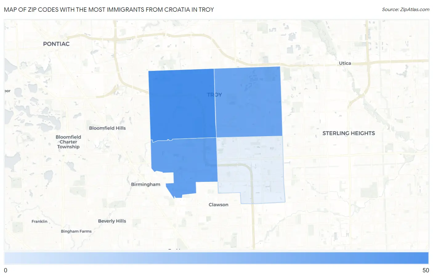 Zip Codes with the Most Immigrants from Croatia in Troy Map