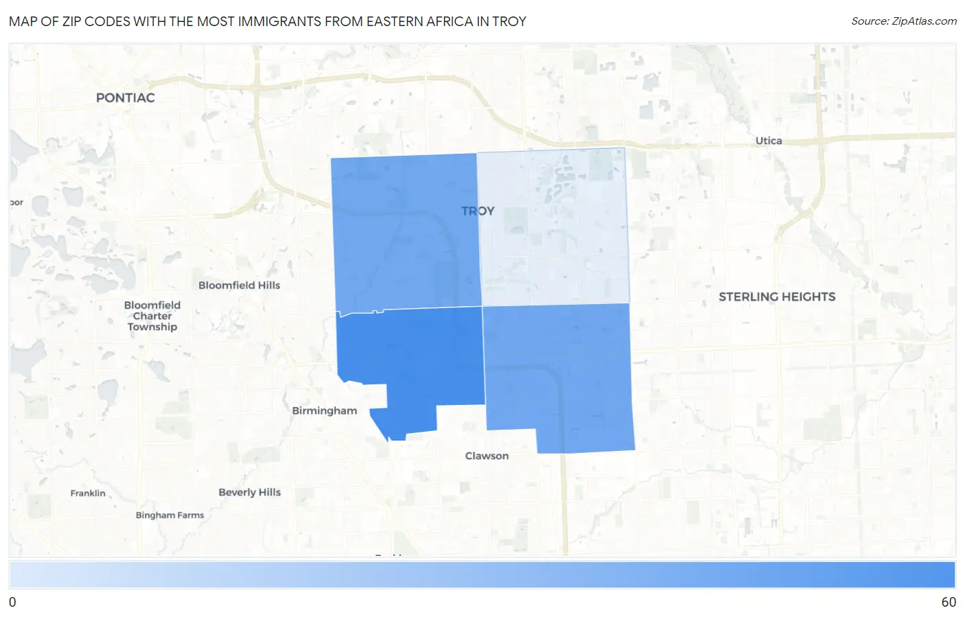 Zip Codes with the Most Immigrants from Eastern Africa in Troy Map