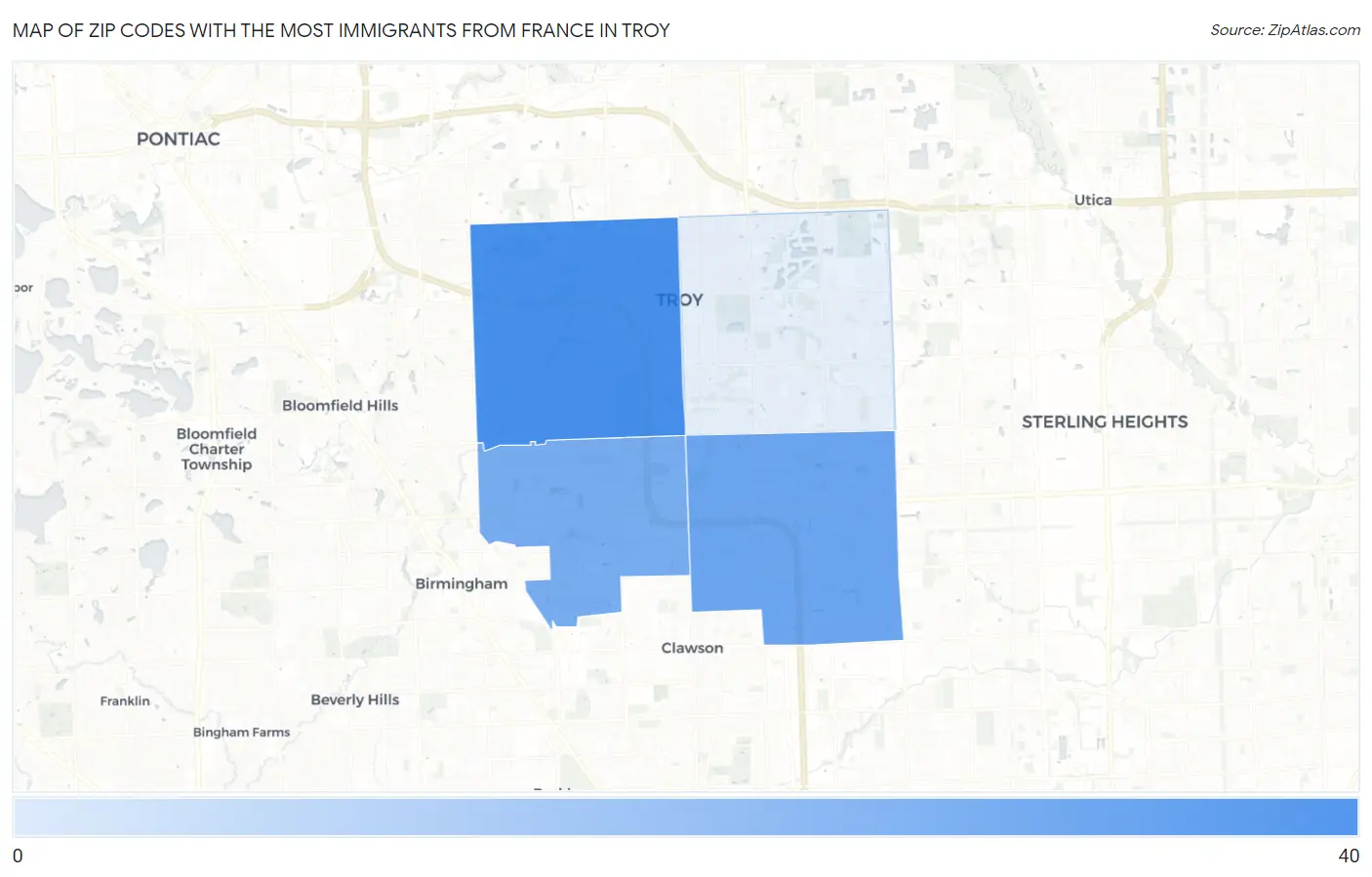 Zip Codes with the Most Immigrants from France in Troy Map