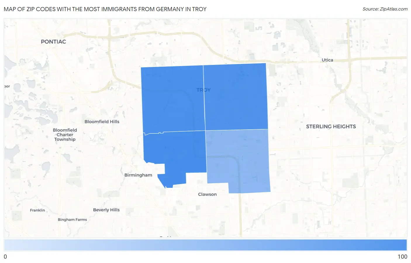 Zip Codes with the Most Immigrants from Germany in Troy Map