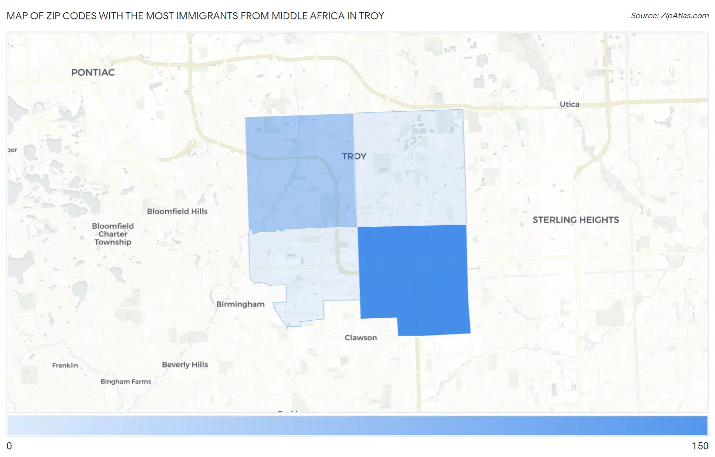 Zip Codes with the Most Immigrants from Middle Africa in Troy Map