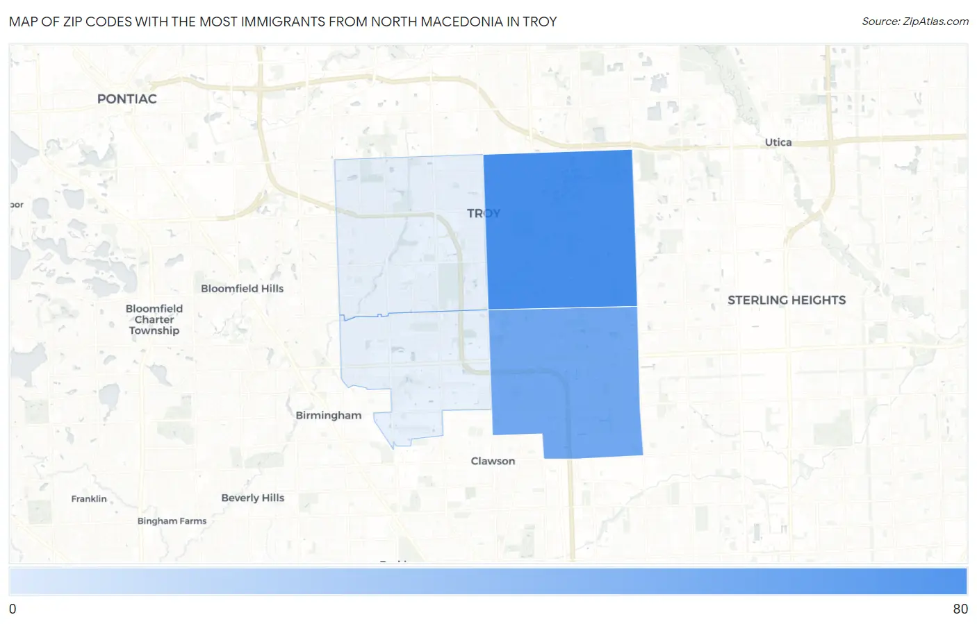 Zip Codes with the Most Immigrants from North Macedonia in Troy Map