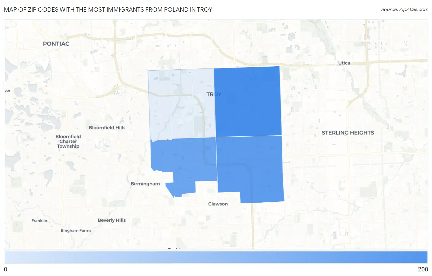 Zip Codes with the Most Immigrants from Poland in Troy Map