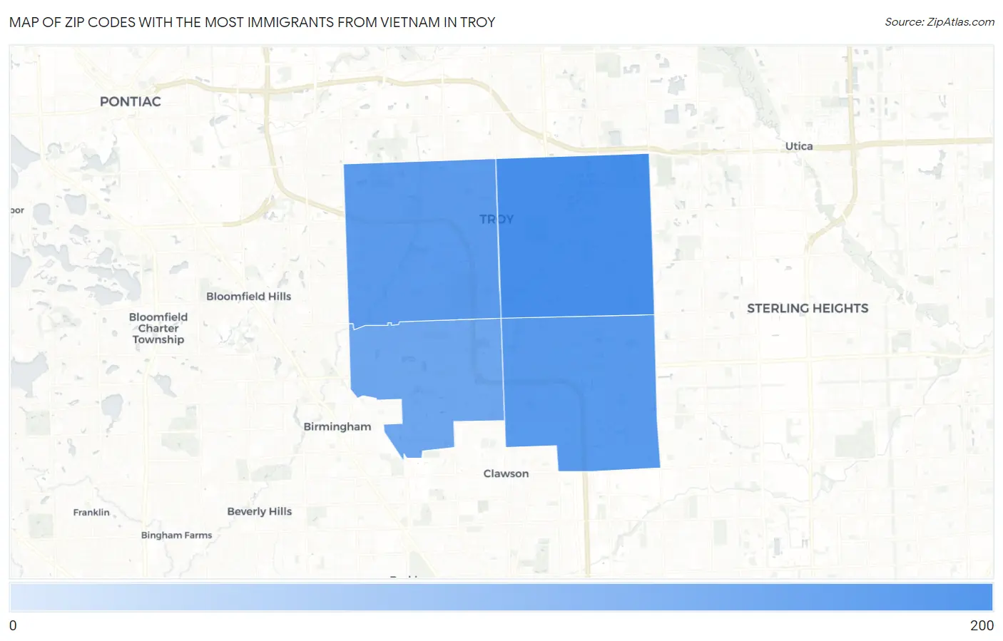 Zip Codes with the Most Immigrants from Vietnam in Troy Map