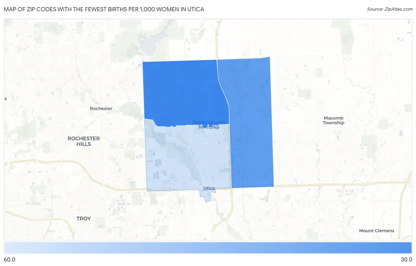 Zip Codes with the Fewest Births per 1,000 Women in Utica Map