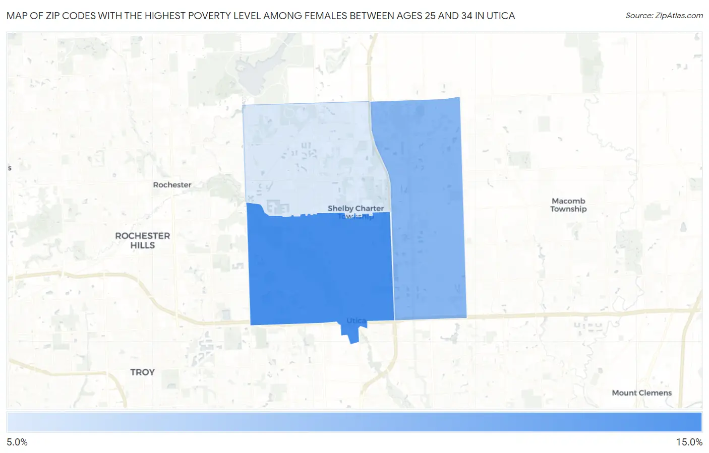Zip Codes with the Highest Poverty Level Among Females Between Ages 25 and 34 in Utica Map