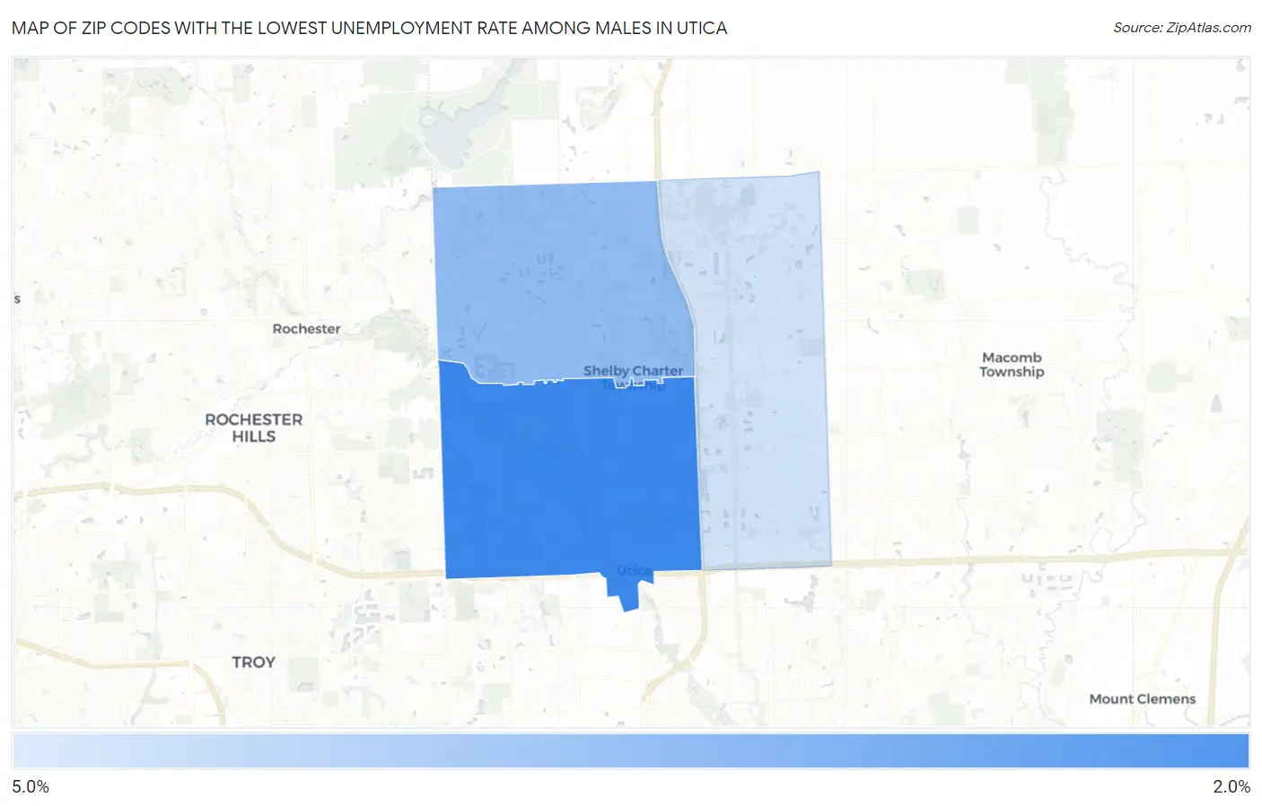 Zip Codes with the Lowest Unemployment Rate Among Males in Utica Map