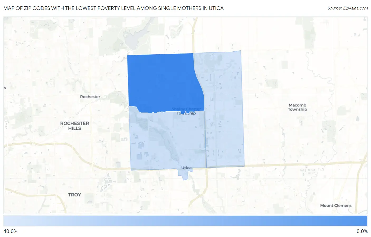 Zip Codes with the Lowest Poverty Level Among Single Mothers in Utica Map
