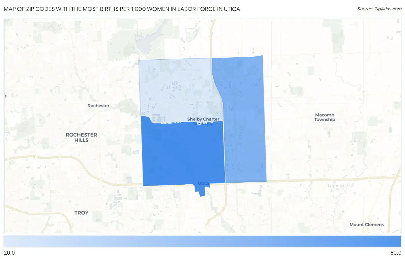 Zip Codes with the Most Births per 1,000 Women in Labor Force in Utica Map