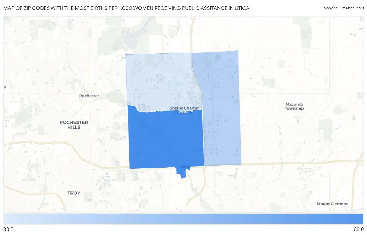Zip Codes with the Most Births per 1,000 Women Receiving Public Assitance in Utica Map