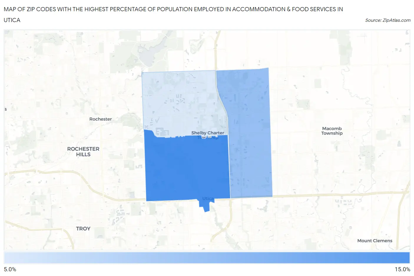 Zip Codes with the Highest Percentage of Population Employed in Accommodation & Food Services in Utica Map