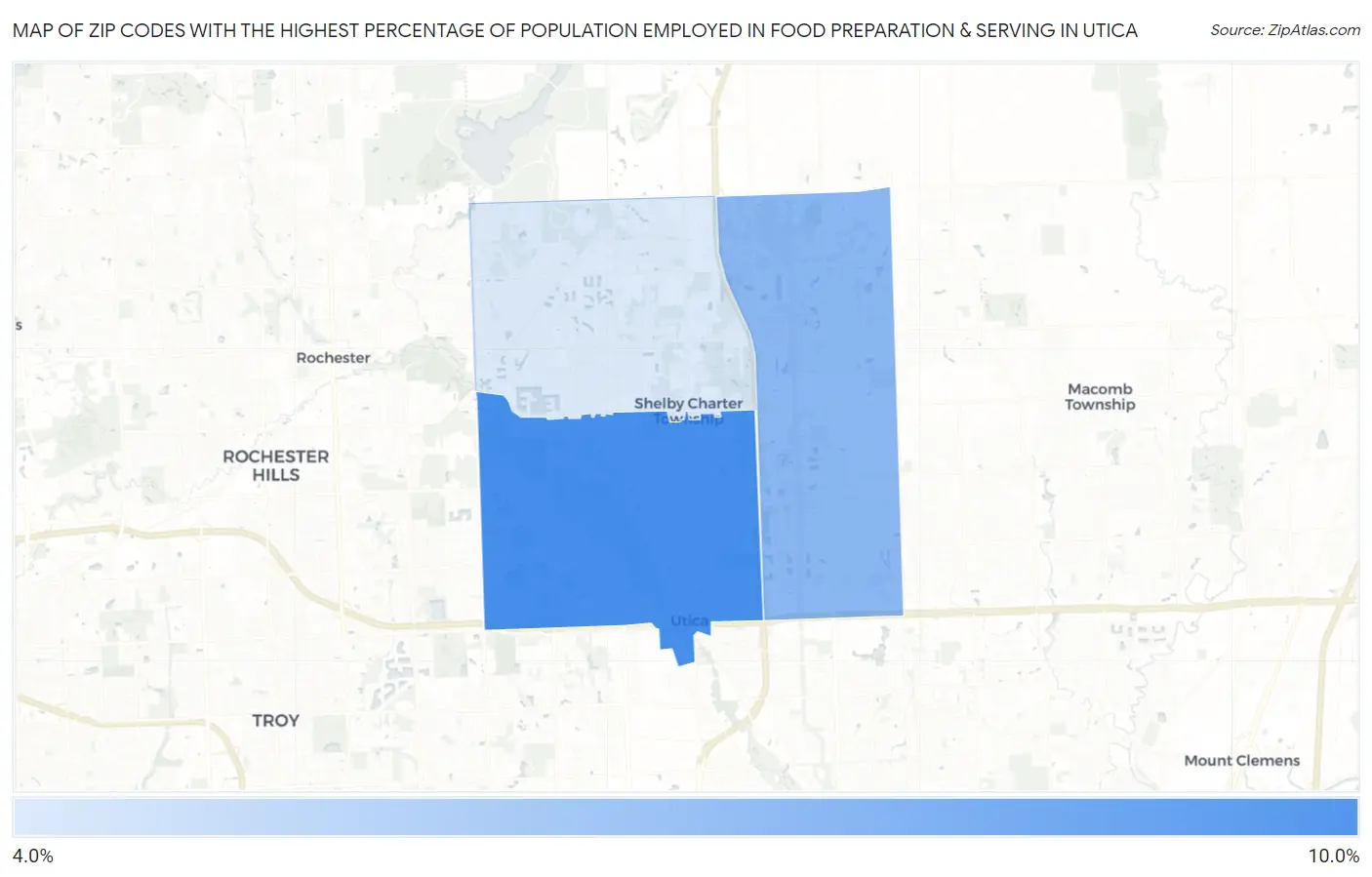 Zip Codes with the Highest Percentage of Population Employed in Food Preparation & Serving in Utica Map