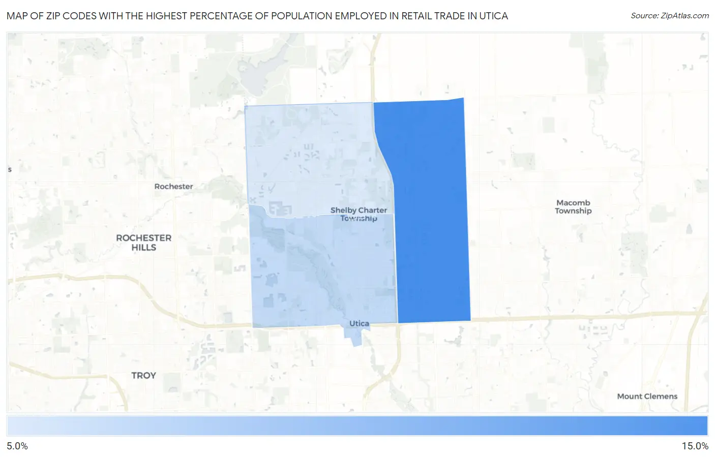 Zip Codes with the Highest Percentage of Population Employed in Retail Trade in Utica Map