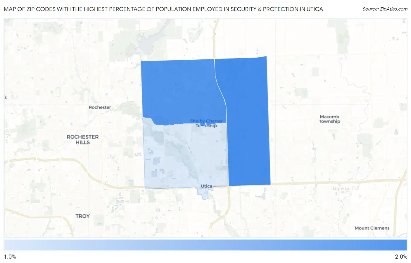 Zip Codes with the Highest Percentage of Population Employed in Security & Protection in Utica Map