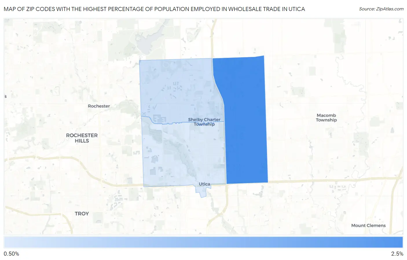 Zip Codes with the Highest Percentage of Population Employed in Wholesale Trade in Utica Map