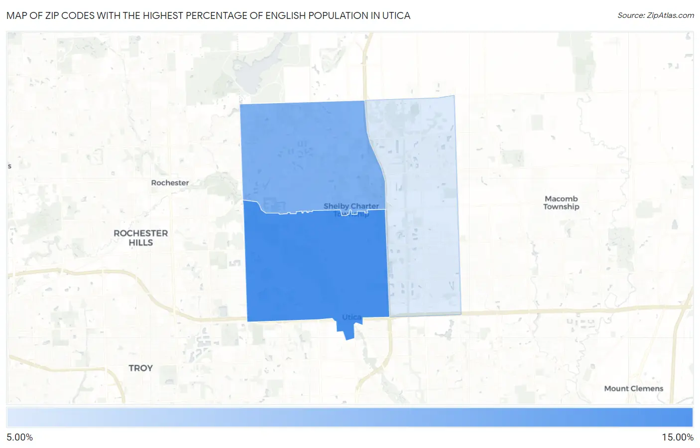 Zip Codes with the Highest Percentage of English Population in Utica Map