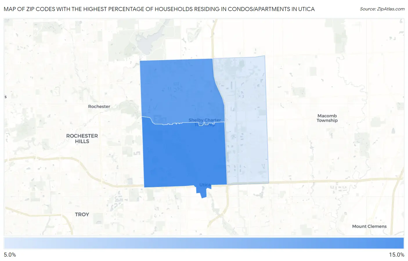 Zip Codes with the Highest Percentage of Households Residing in Condos/Apartments in Utica Map