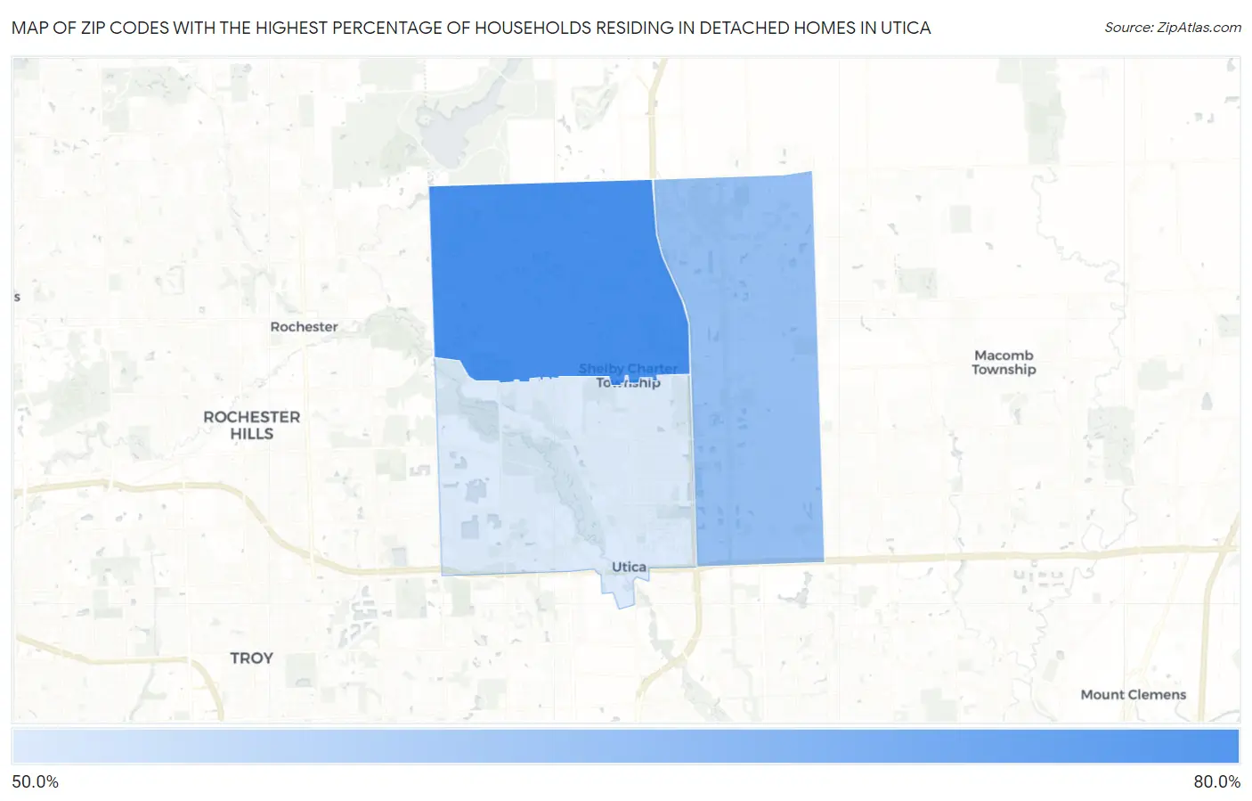 Zip Codes with the Highest Percentage of Households Residing in Detached Homes in Utica Map