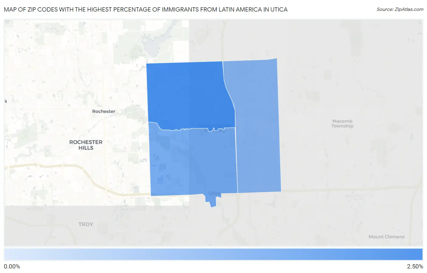 Zip Codes with the Highest Percentage of Immigrants from Latin America in Utica Map