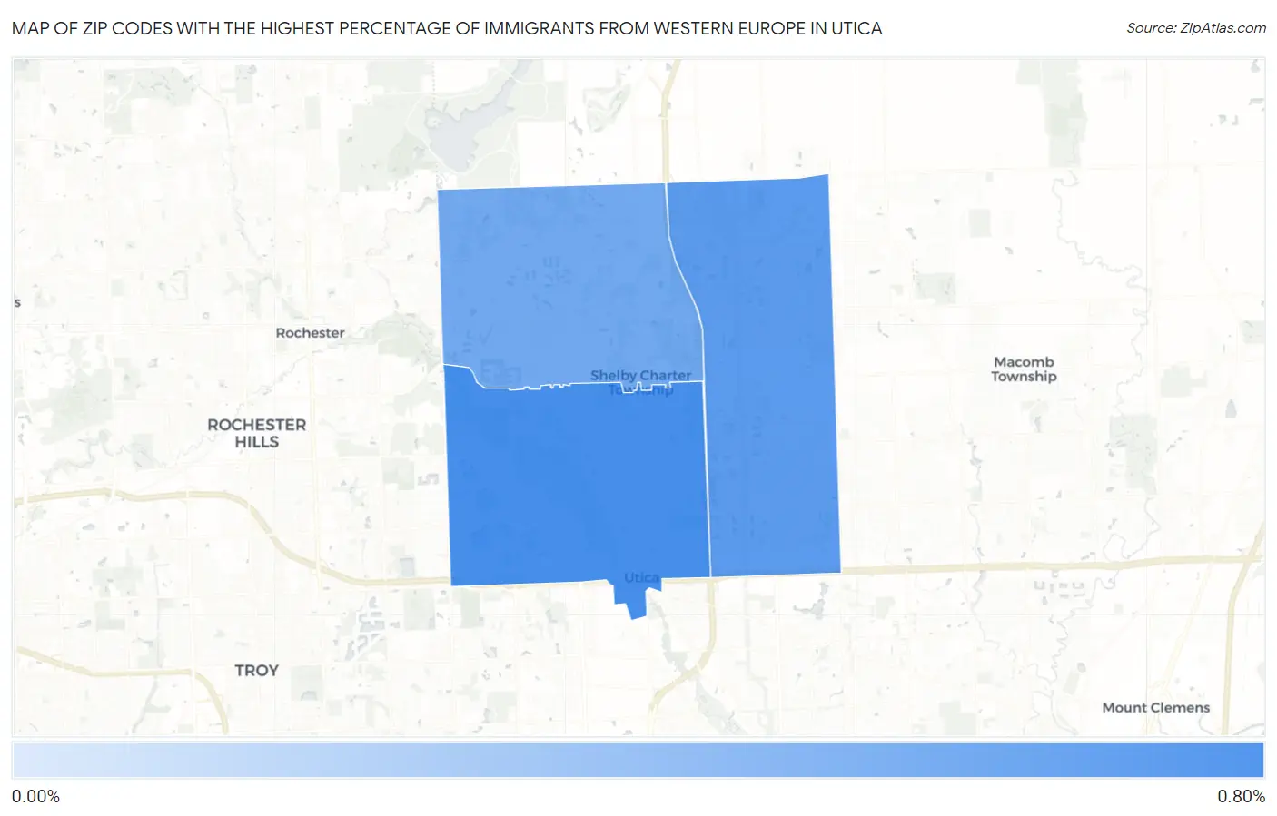 Zip Codes with the Highest Percentage of Immigrants from Western Europe in Utica Map