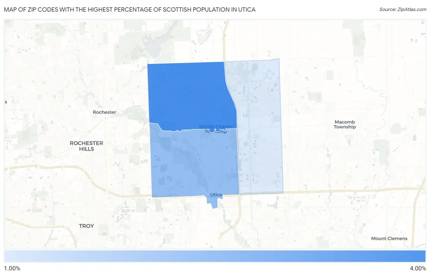 Zip Codes with the Highest Percentage of Scottish Population in Utica Map