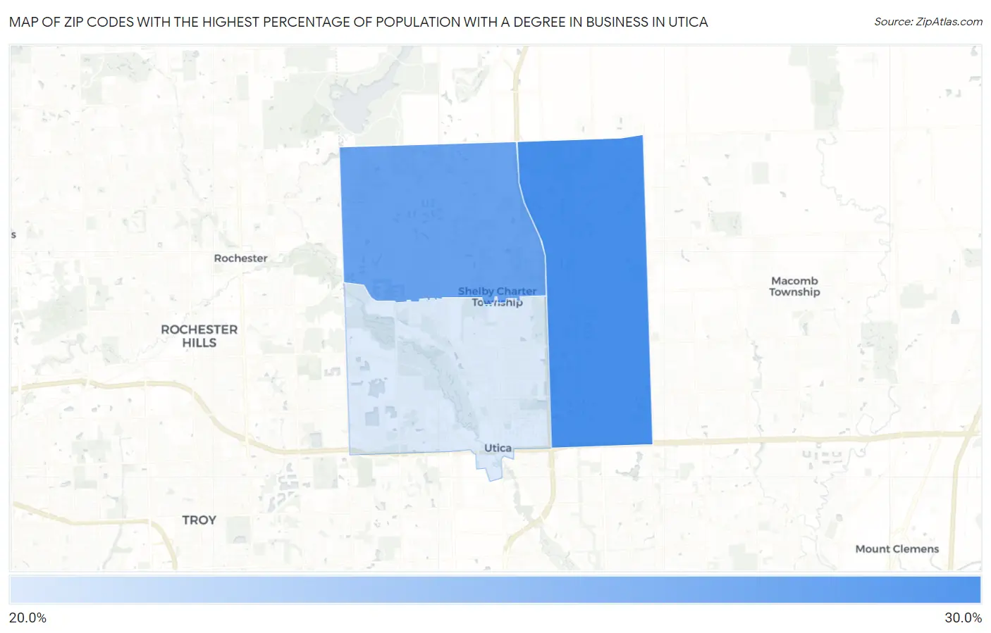 Zip Codes with the Highest Percentage of Population with a Degree in Business in Utica Map
