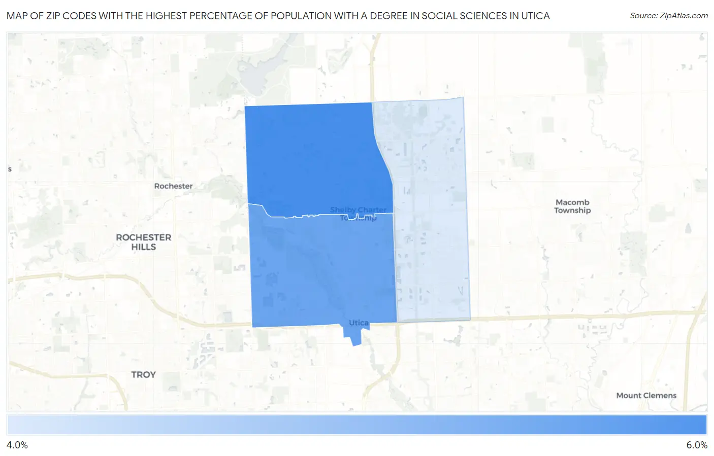 Zip Codes with the Highest Percentage of Population with a Degree in Social Sciences in Utica Map