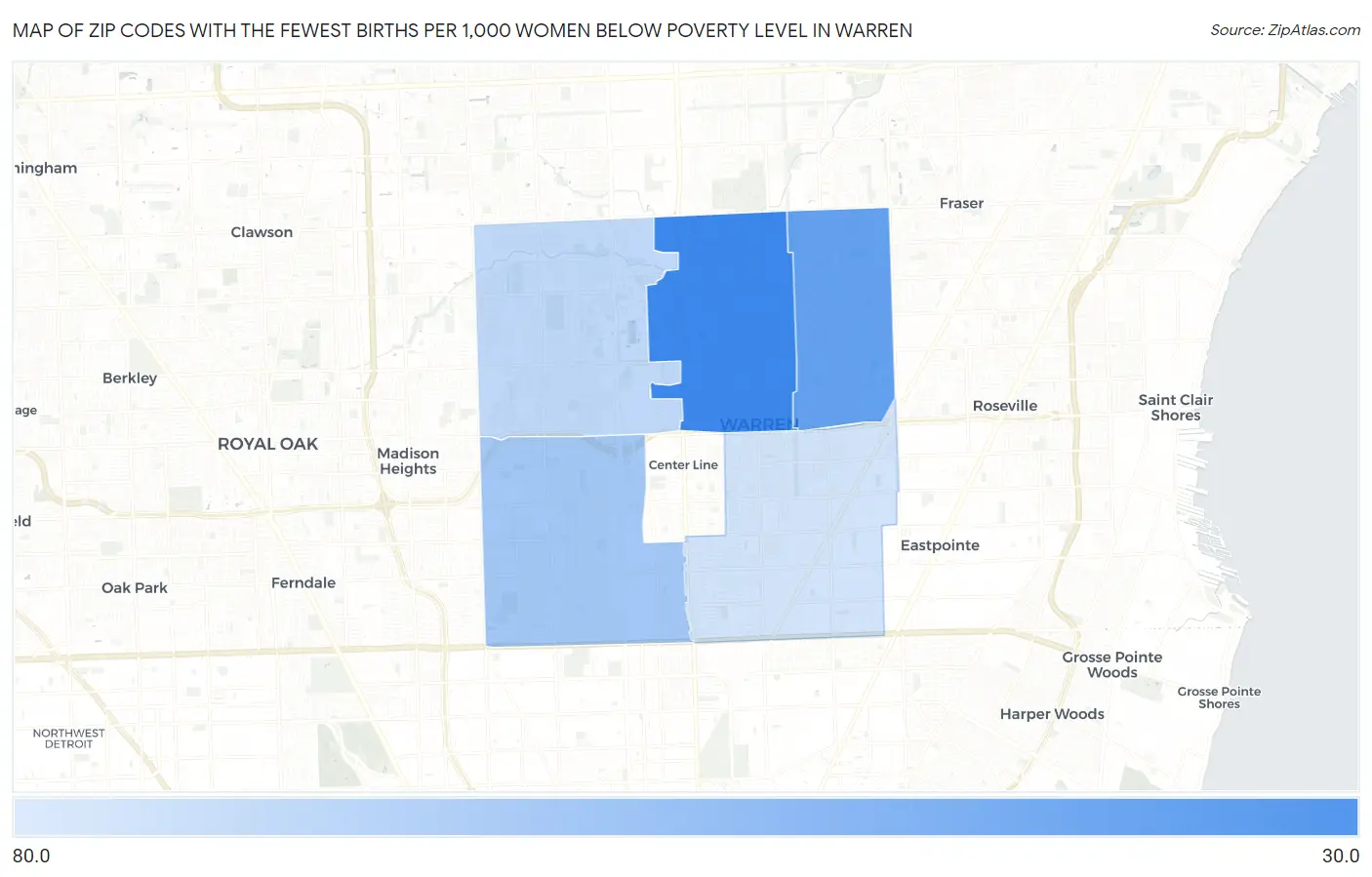 Zip Codes with the Fewest Births per 1,000 Women Below Poverty Level in Warren Map