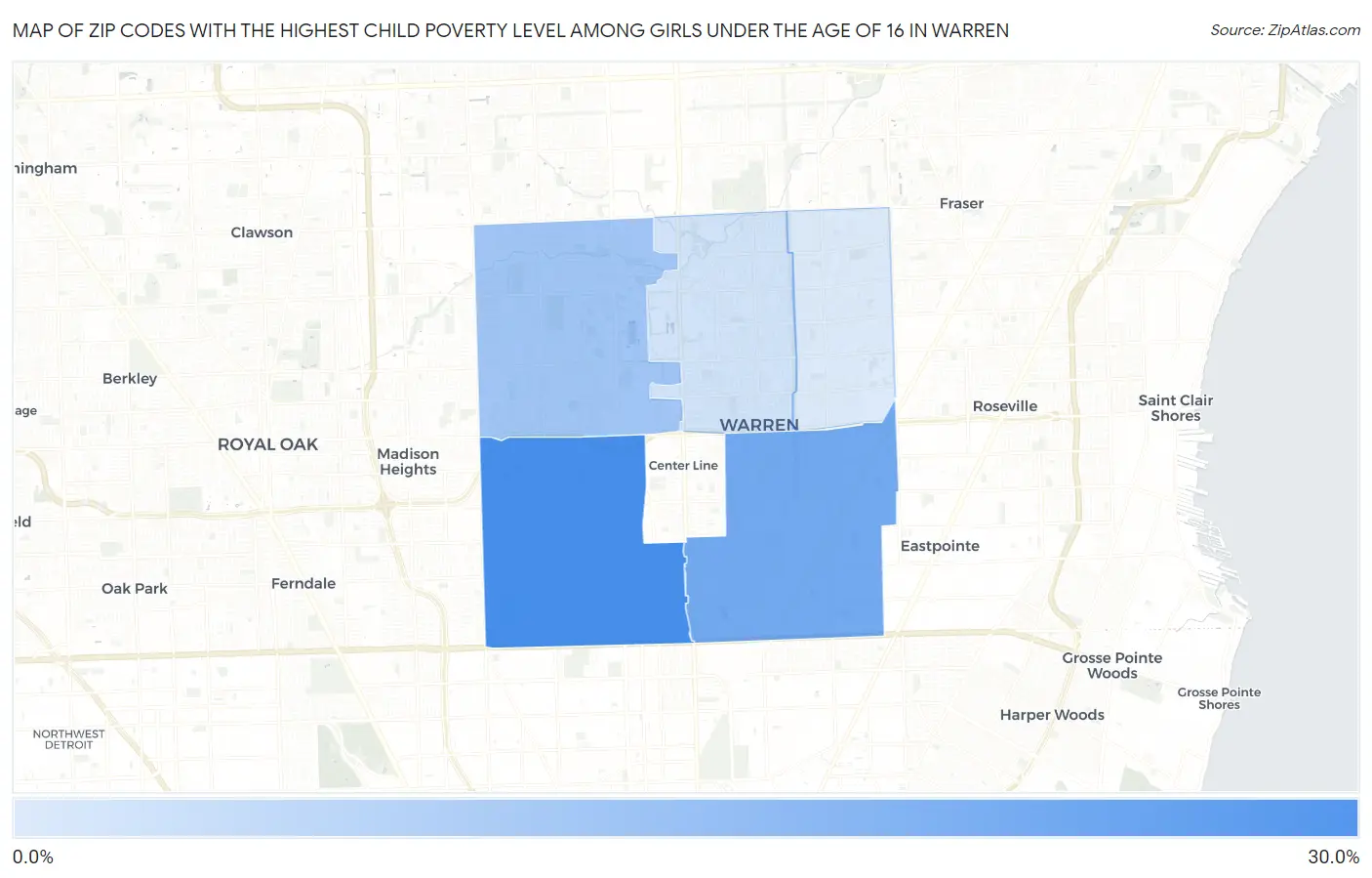 Zip Codes with the Highest Child Poverty Level Among Girls Under the Age of 16 in Warren Map