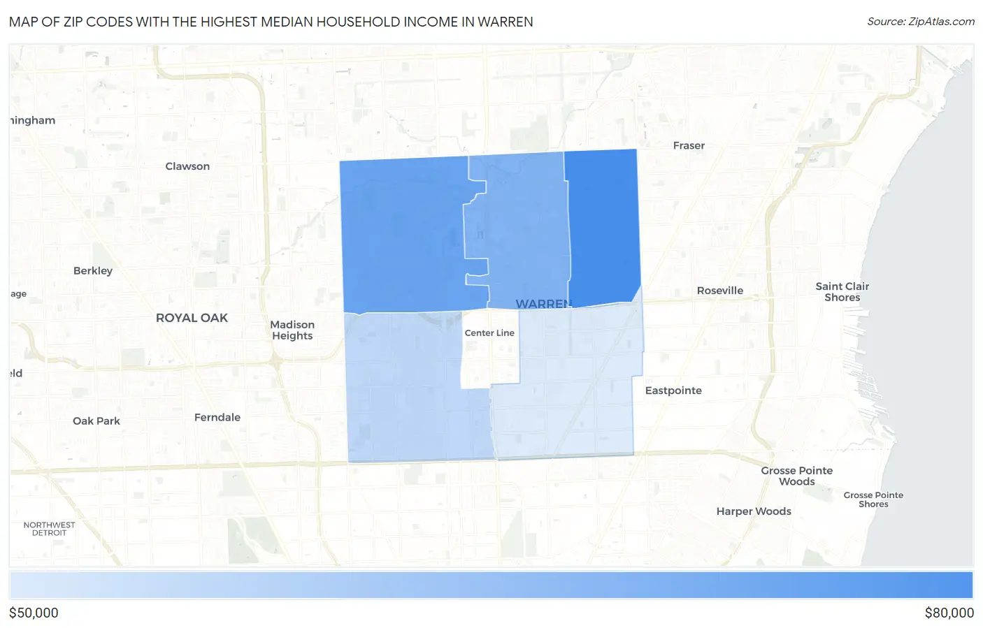 Zip Codes with the Highest Median Household Income in Warren Map