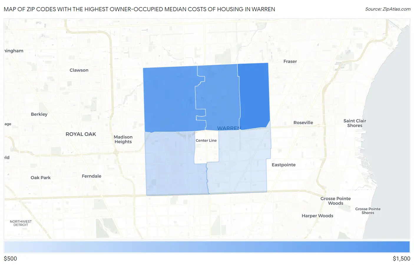 Zip Codes with the Highest Owner-Occupied Median Costs of Housing in Warren Map